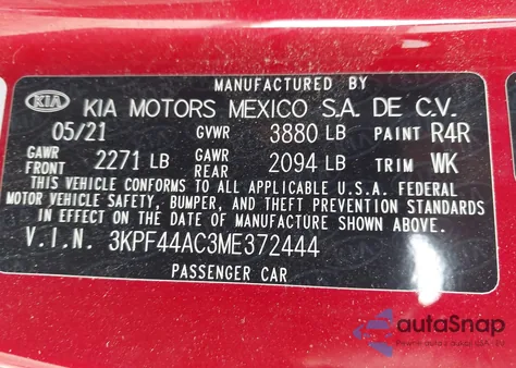 2021 Kia Forte Gt Manual from USA, damaged, VIN 3KPF44AC3ME372444